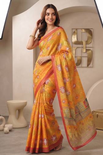 Yellow linen geometric bollywood digital print saree