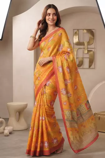Yellow linen geometric bollywood digital print saree