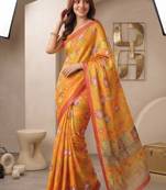 Yellow linen geometric bollywood digital print saree