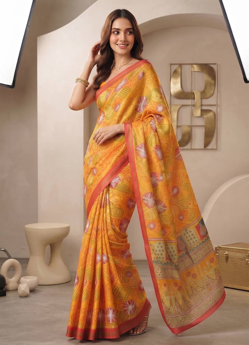 Yellow linen geometric bollywood digital print saree