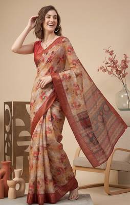 Beige & orange linen geometric bollywood digital print saree 3