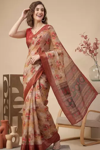 Beige & orange linen geometric bollywood digital print saree