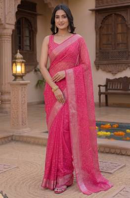 rani pink chanderi bandhani printed ready to wear saree 1