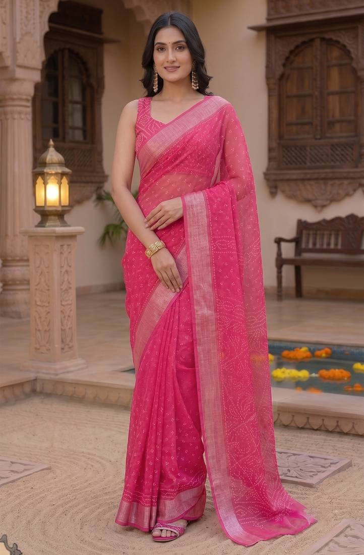 rani pink chanderi bandhani printed ready to wear saree