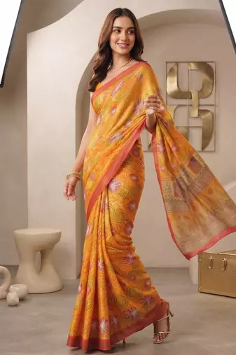 Yellow linen geometric bollywood digital print saree