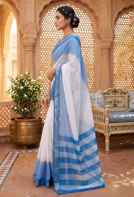 blue & white chanderi striped printed ready to wear saree 3