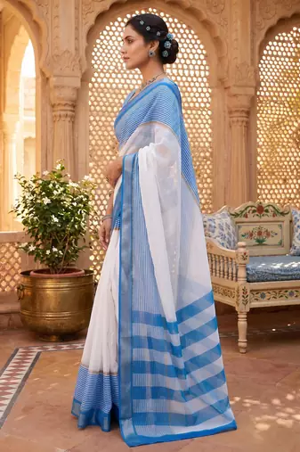 blue & white chanderi striped printed ready to wear saree