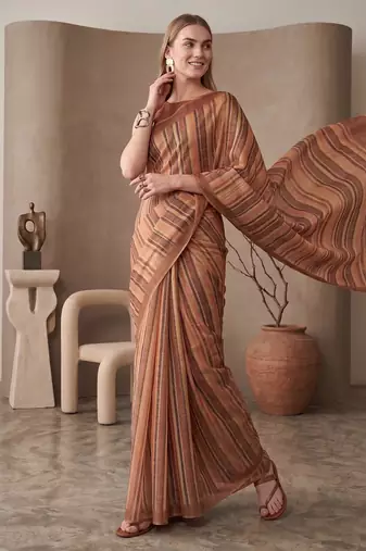 Multicolor linen striped bollywood digital print saree
