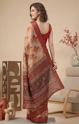 Beige & orange linen geometric bollywood digital print saree 4