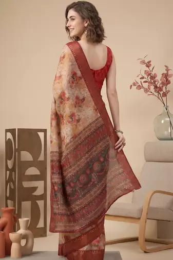 Beige & orange linen geometric bollywood digital print saree
