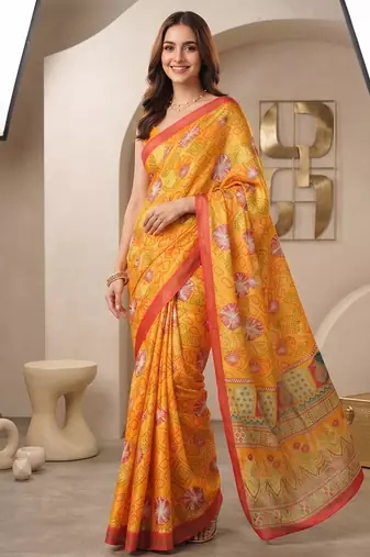Yellow linen geometric bollywood digital print saree