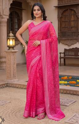 rani pink chanderi bandhani printed ready to wear saree 2