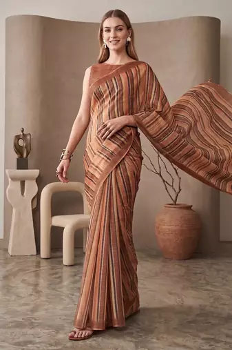 Multicolor linen striped bollywood digital print saree