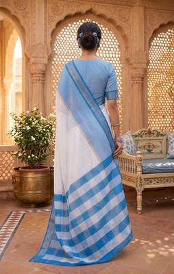blue & white chanderi striped printed ready to wear saree 4