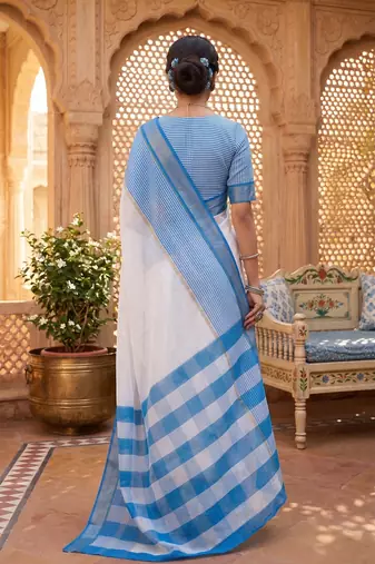 blue & white chanderi striped printed ready to wear saree