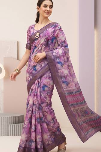 Purple linen geometric bollywood digital print saree
