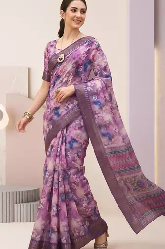 Purple linen geometric bollywood digital print saree