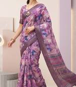 Purple linen geometric bollywood digital print saree
