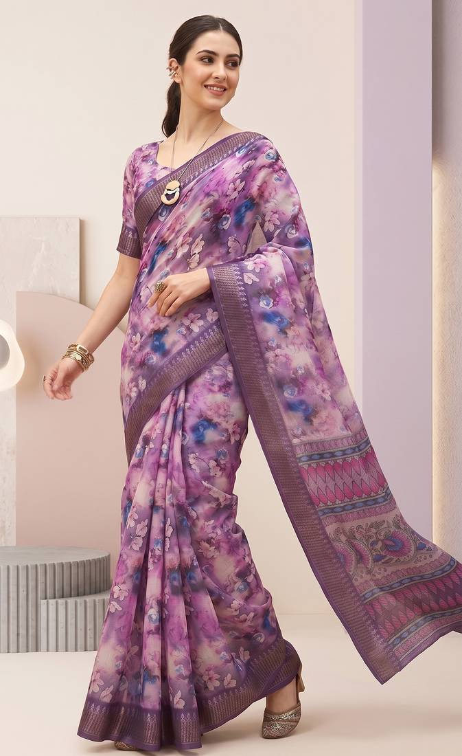 Purple linen geometric bollywood digital print saree