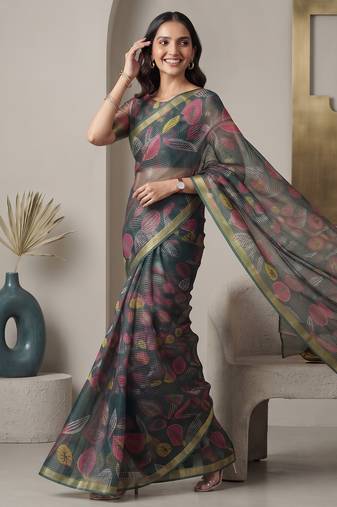 Deep bottle green linen leaf bollywood digital print saree