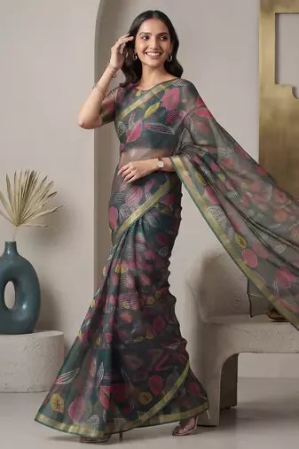Deep bottle green linen leaf bollywood digital print saree