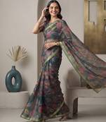 Deep bottle green linen leaf bollywood digital print saree