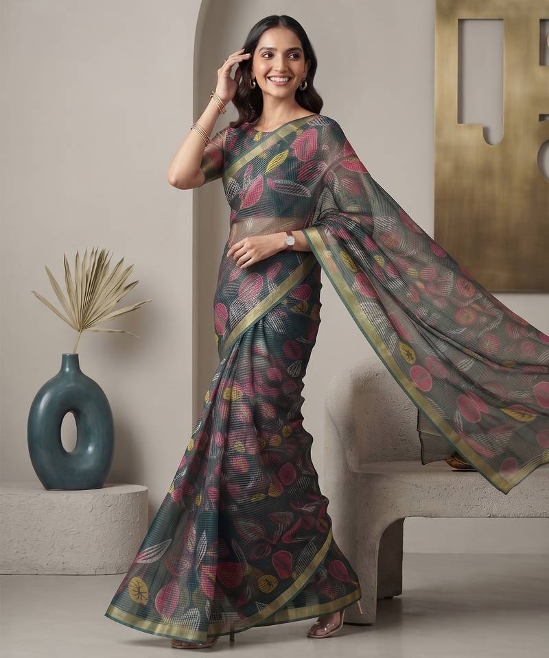 Deep bottle green linen leaf bollywood digital print saree