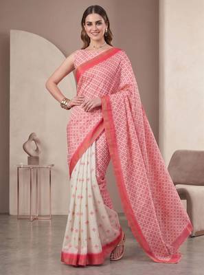 off white chanderi geometric digital print bollywood saree 1