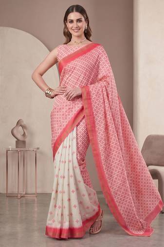 off white chanderi geometric digital print bollywood saree