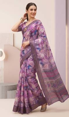 Purple linen geometric bollywood digital print saree 2
