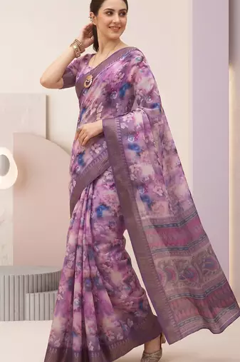 Purple linen geometric bollywood digital print saree