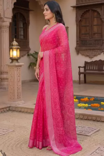 rani pink chanderi bandhani printed ready to wear saree