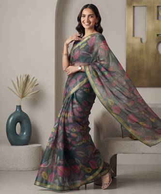 Deep bottle green linen leaf bollywood digital print saree 2