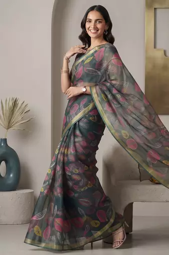 Deep bottle green linen leaf bollywood digital print saree