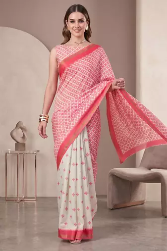 off white chanderi geometric digital print bollywood saree