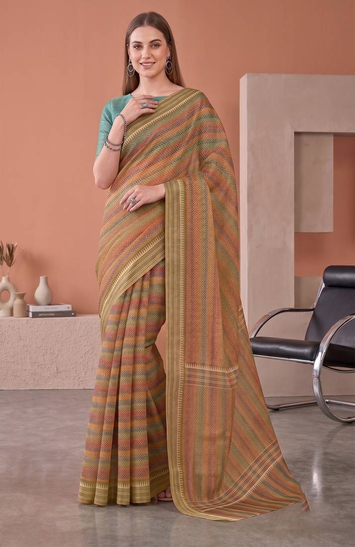 Multicolor linen striped bollywood digital print saree
