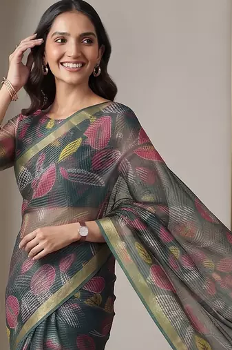 Deep bottle green linen leaf bollywood digital print saree