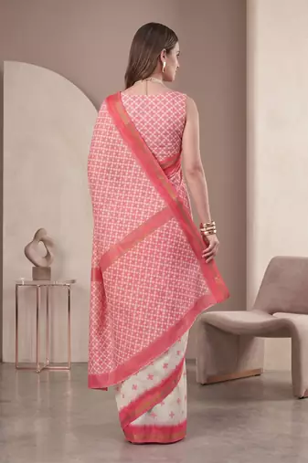off white chanderi geometric digital print bollywood saree
