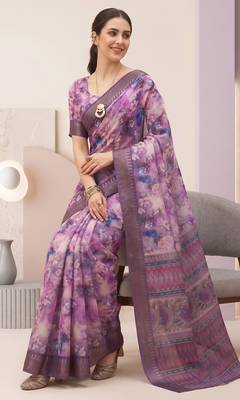 Purple linen geometric bollywood digital print saree 3