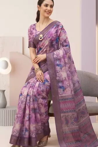 Purple linen geometric bollywood digital print saree
