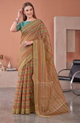 Multicolor linen striped bollywood digital print saree 2