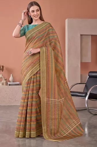 Multicolor linen striped bollywood digital print saree