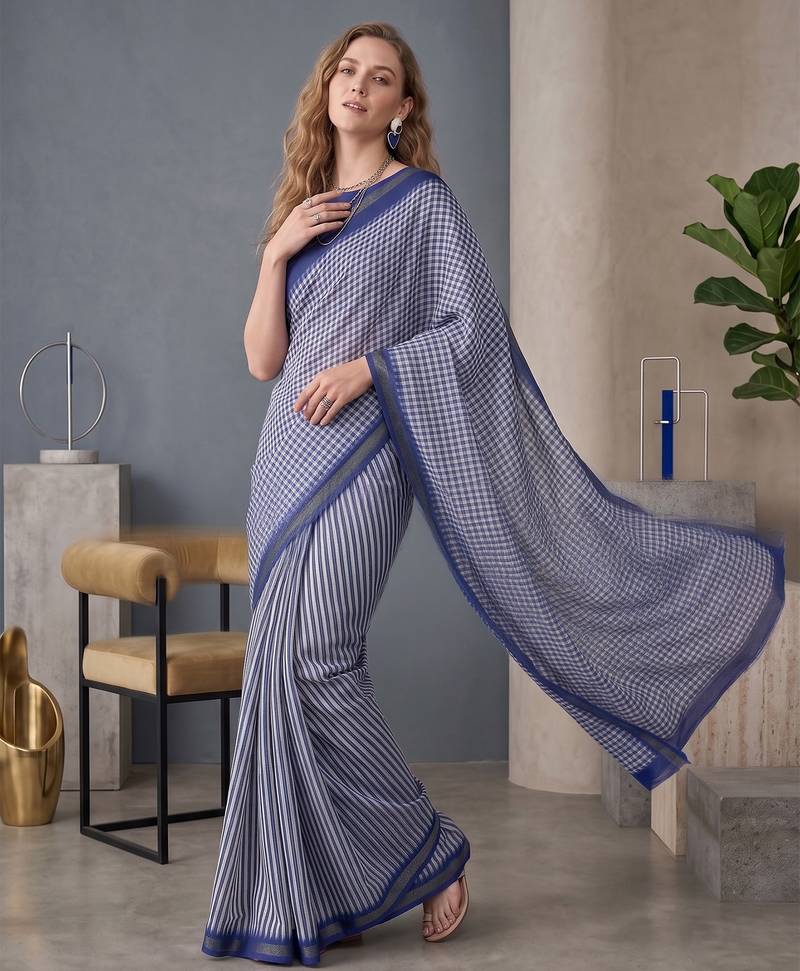 royal blue chanderi digital print bollywood saree