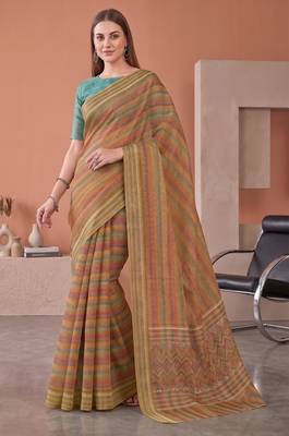 Multicolor linen striped bollywood digital print saree 3
