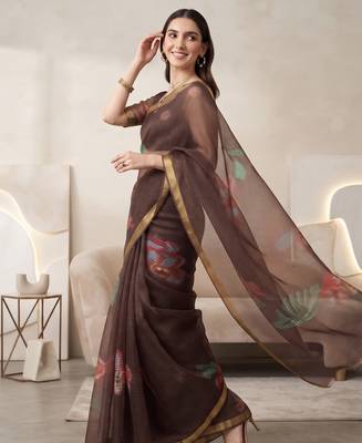 Brown linen floral motifs bollywood digital print saree 1