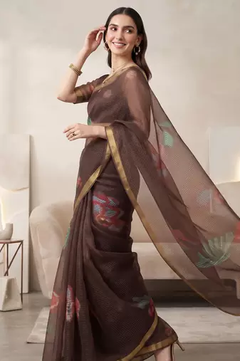Brown linen floral motifs bollywood digital print saree