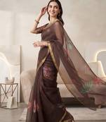 Brown linen floral motifs bollywood digital print saree