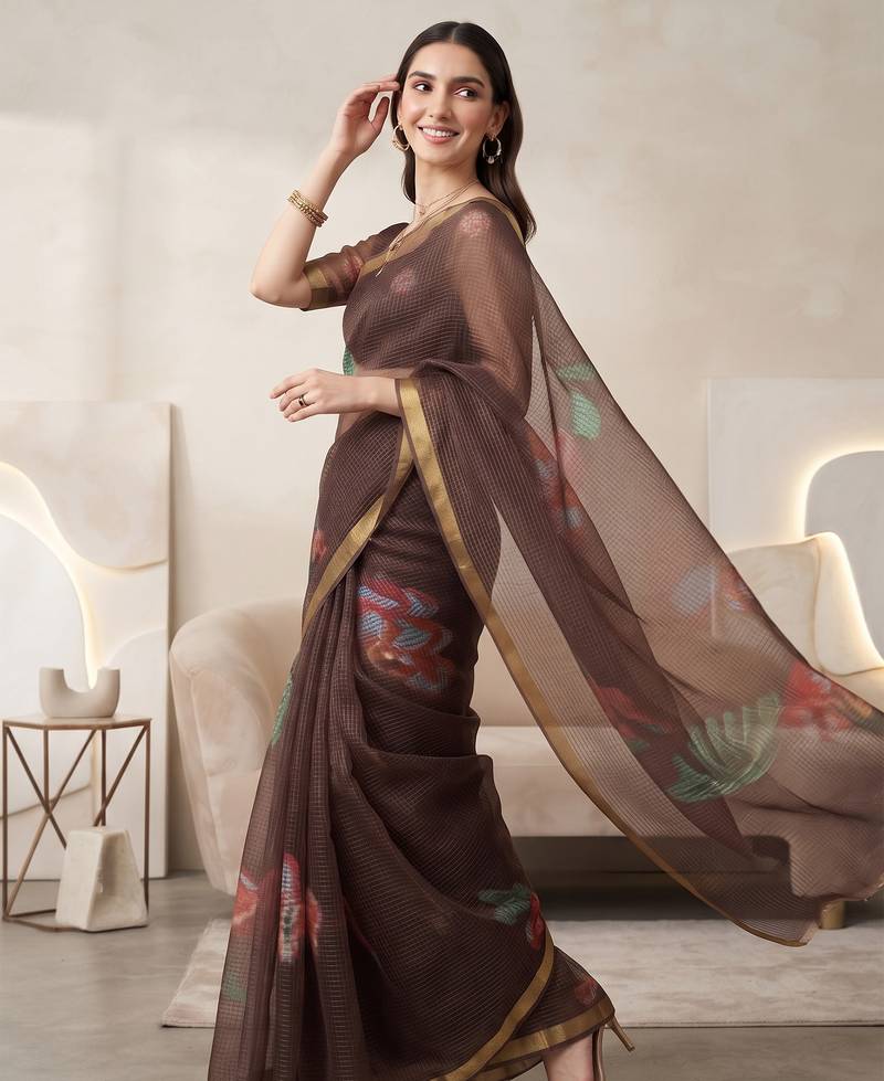 Brown linen floral motifs bollywood digital print saree