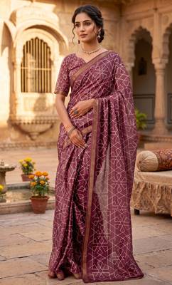 dusty wine chanderi geometric printed ready to wear saree 1