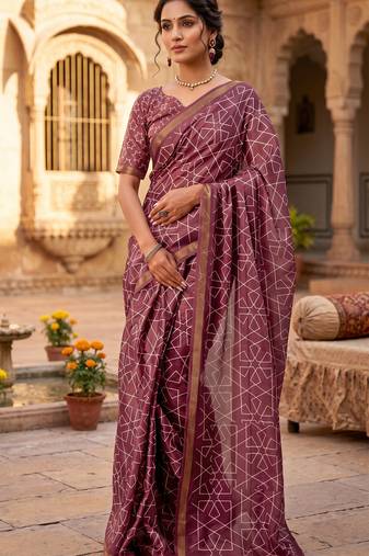 dusty wine chanderi geometric printed ready to wear saree